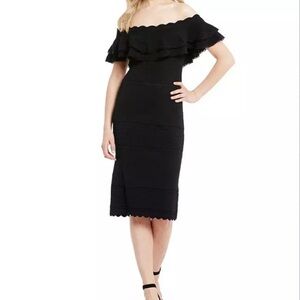 Eliza J Black Off the Shoulder Ruffle Scalloped Sheath Bodycon Dress Small LBD